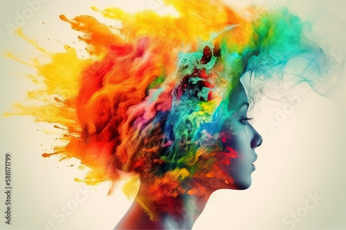 woman with colorful hair. explosive paint dust particles. generative ai