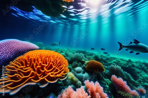A vibrant underwater coral reef teeming with colorful fish and marine creatures  featuring a curious sea turtle swimming among the coral  a sunbeam shining through the water