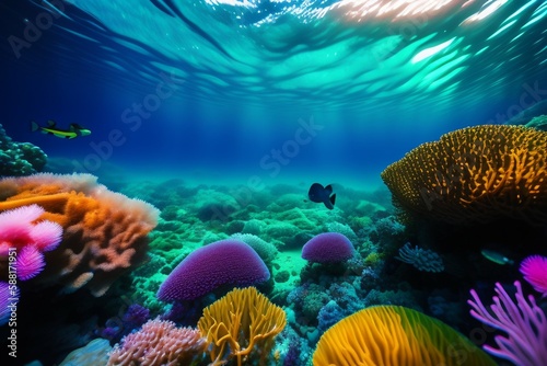 Wallpaper Mural A vibrant underwater coral reef teeming with colorful fish and marine creatures, featuring a curious sea turtle swimming among the coral, a sunbeam shining through the water Torontodigital.ca