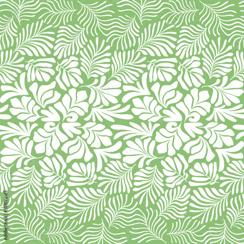 Green white abstract background with tropical palm leaves in Matisse style. Vector seamless pattern with Scandinavian cut out elements.