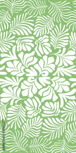 Green white abstract background with tropical palm leaves in Matisse style. Vector seamless pattern with Scandinavian cut out elements. © Oleksandra