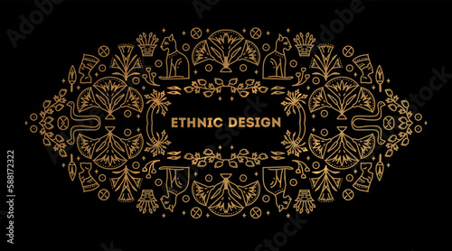 Decorative african border, vector linear Egipt cover template. Bright orange and black art decoration shapes. Line style with space for text - geometric ethnic frame, luxury packaging, advertising, 