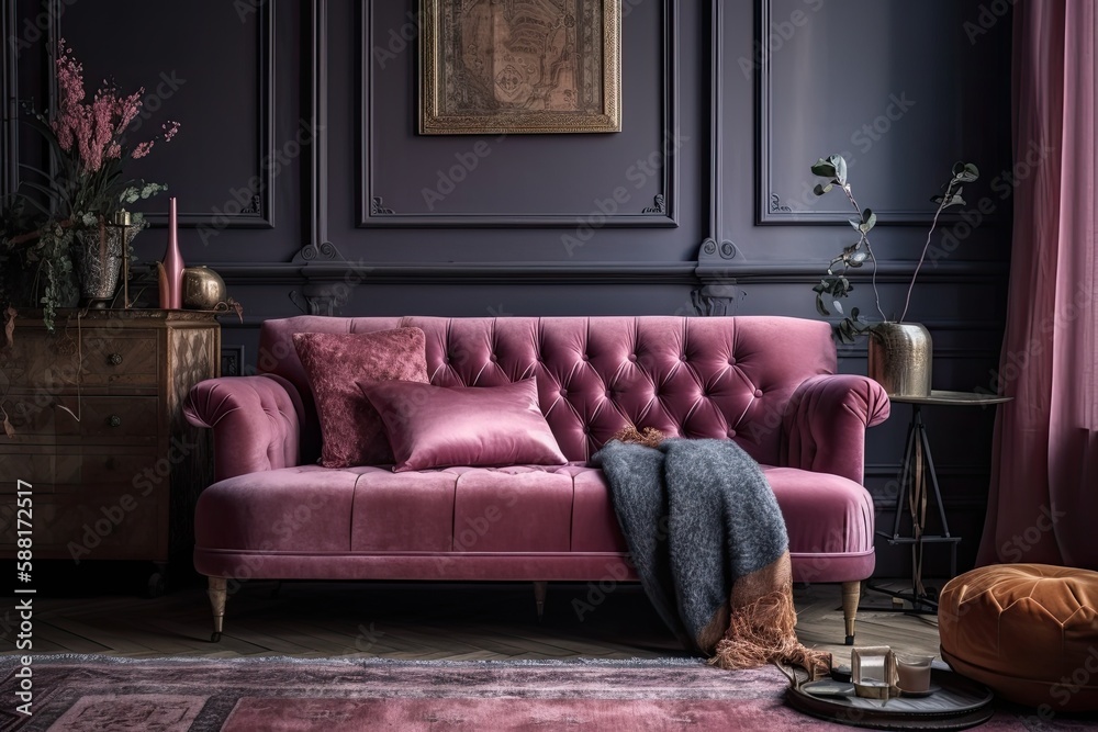 cozy living room with a pink couch and purple curtains. Generative AI cozy living room with a pink couch and purple curtains. Generative AI