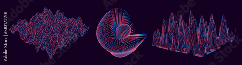 Set of 3D glitched planes made of mesh. Generative art plots for data visualization and analysis subjects. 