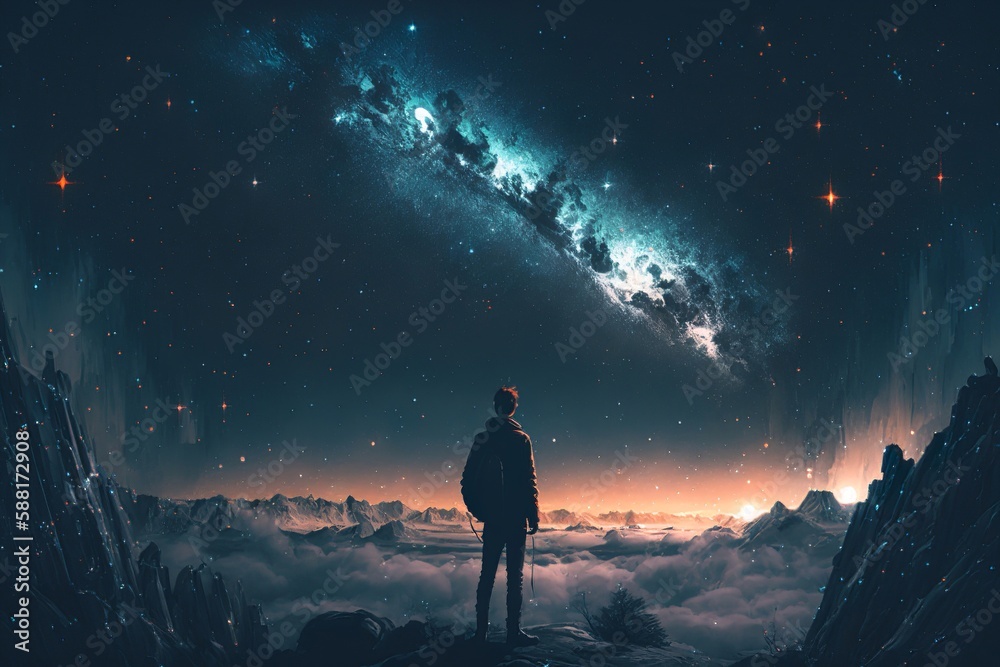 man watching the stars at night, vast sky, generative ai	
