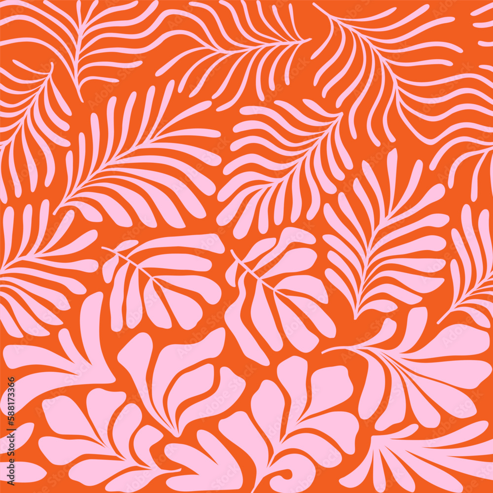 Fototapeta premium Orange pink abstract background with tropical palm leaves in Matisse style. Vector seamless pattern with Scandinavian cut out elements.