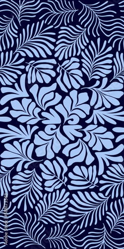 Blue abstract background with tropical palm leaves in Matisse style. Vector seamless pattern with Scandinavian cut out elements.