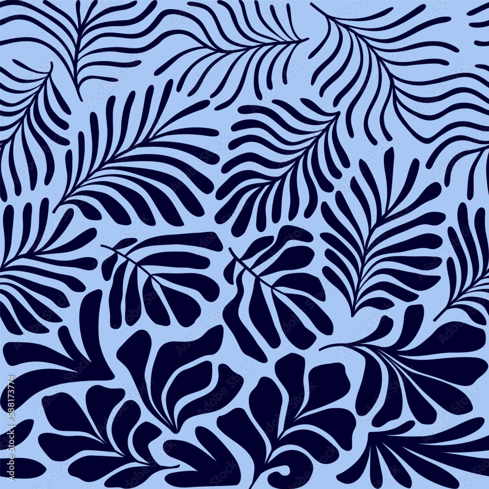 Blue abstract background with tropical palm leaves in Matisse style. Vector seamless pattern with Scandinavian cut out elements. Blue abstract background with tropical palm leaves in Matisse style. Vector seamless pattern with Scandinavian cut out elements.