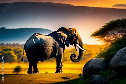 A majestic elephant standing on a rocky cliff with a beautiful sunset background  highlighting the elephant s tusks  wrinkles  and expression  surrounded by lush green forests and distant mountain ran