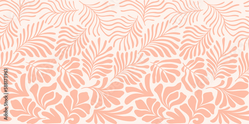 Wallpaper Mural Peach white abstract background with tropical palm leaves in Matisse style. Vector seamless pattern with Scandinavian cut out elements. Torontodigital.ca