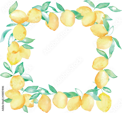                                                                                                          Watercolor. Summer watercolor lemon vector illustration. Summer lemon decoration frame.