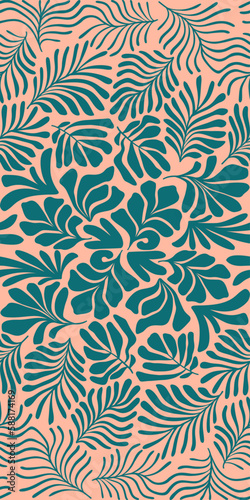 Peach green abstract background with tropical palm leaves in Matisse style. Vector seamless pattern with Scandinavian cut out elements.