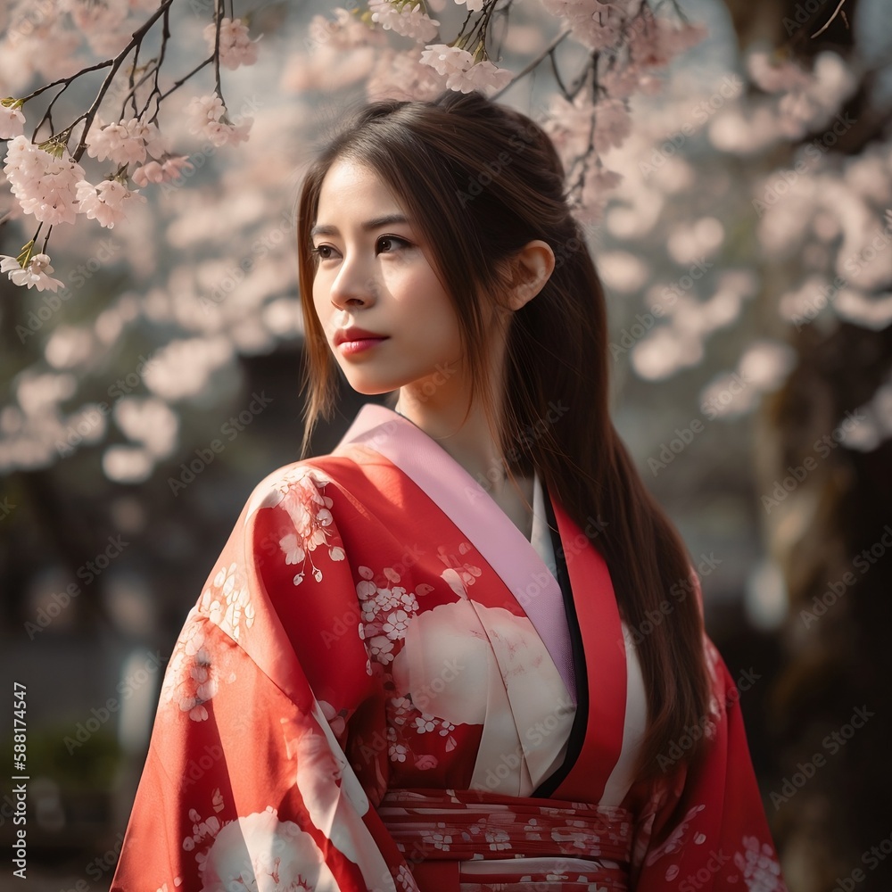 Beautiful asian woman with long and straight hair wearing a colorful kimono, looking serious, standing in a background of cherry blossom trees. created with Generative AI Beautiful asian woman with long and straight hair wearing a colorful kimono, looking serious, standing in a background of cherry blossom trees. created with Generative AI