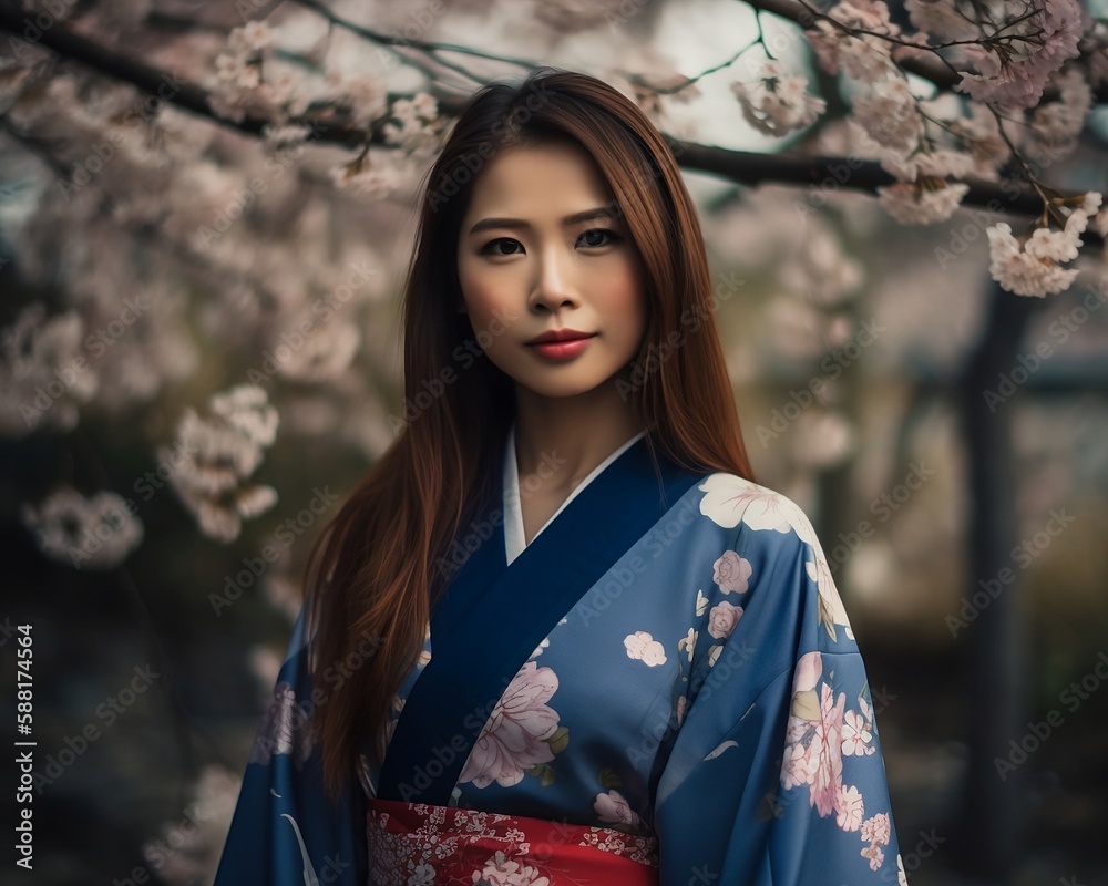 Beautiful asian woman with long and straight hair wearing a colorful kimono, looking serious, standing in a background of cherry blossom trees. created with Generative AI Beautiful asian woman with long and straight hair wearing a colorful kimono, looking serious, standing in a background of cherry blossom trees. created with Generative AI