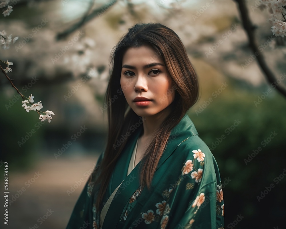 Beautiful asian woman with long and straight hair wearing a colorful kimono, looking serious, standing in a background of cherry blossom trees. created with Generative AI Beautiful asian woman with long and straight hair wearing a colorful kimono, looking serious, standing in a background of cherry blossom trees. created with Generative AI