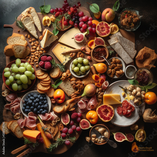 A mouthwatering flat lay photograph of a beautifully arranged charcuterie board  filled with a delectable assortment of gourmet cheeses  cured meats  fresh And fruits. generative ai