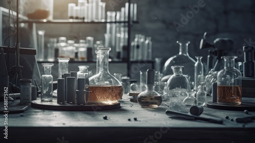 Science-themed background with space for copy, showcasing a close-up of laboratory equipment. Generative AI © piai