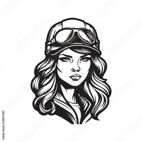 female biker, logo concept black and white color, hand drawn illustration