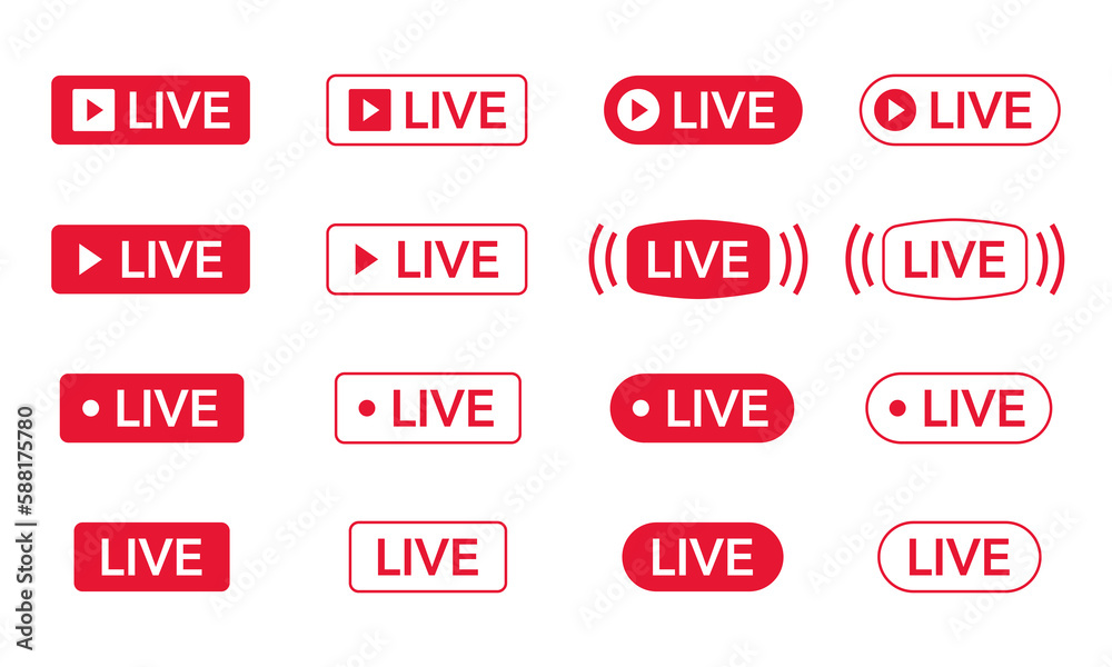Live sticker, live streaming icon set. Suitable for live broadcast label and Red live buttons. Live sticker, live streaming icon set. Suitable for live broadcast label and Red live buttons.