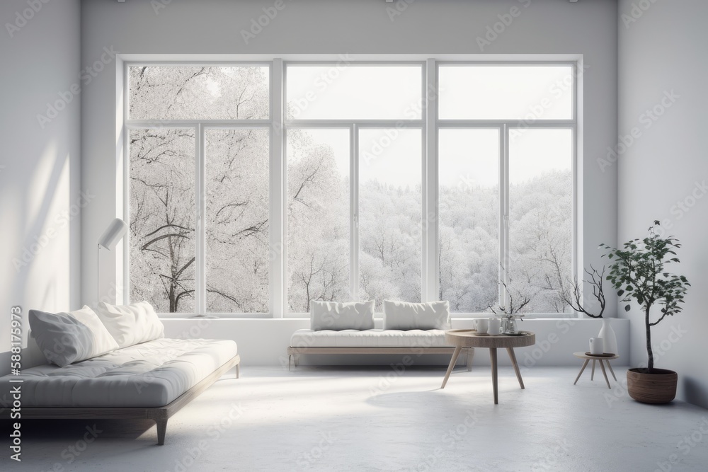 Fototapeta premium modern living room with a minimalist white couch and floor-to-ceiling windows. Generative AI