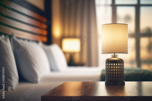 Table-top view of beside table or nightstand on blurred cozy night ambiance at hotel room with bokeh background. Empty wooden table for product display and customization. Flawless Generative AI