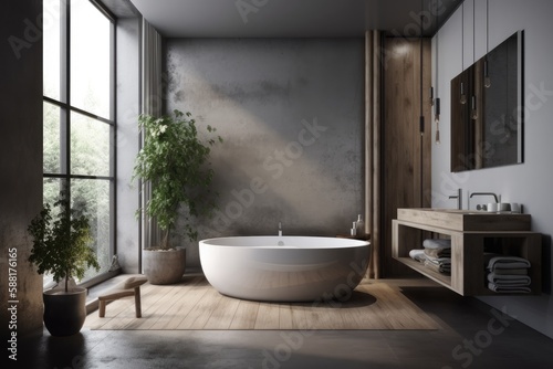 serene bathroom with a large white bathtub positioned next to a window. Generative AI