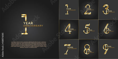 set of anniversary logotype golden color with glitter on black color background for special celebration event