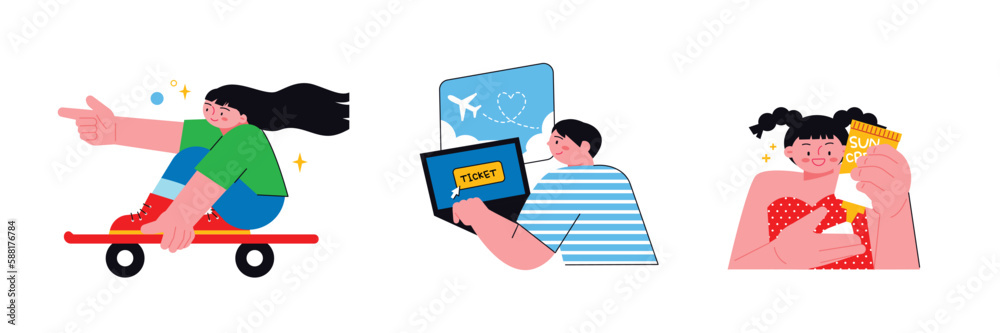 People enjoying summer. A girl riding a skateboard, a boy booking a plane ticket for an overseas trip, and a girl applying sunscreen. People enjoying summer. A girl riding a skateboard, a boy booking a plane ticket for an overseas trip, and a girl applying sunscreen.