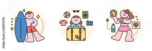 People enjoying summer. outline style character design. A boy with a serving board, a girl packing a suitcase and a girl playing beach volleyball.
