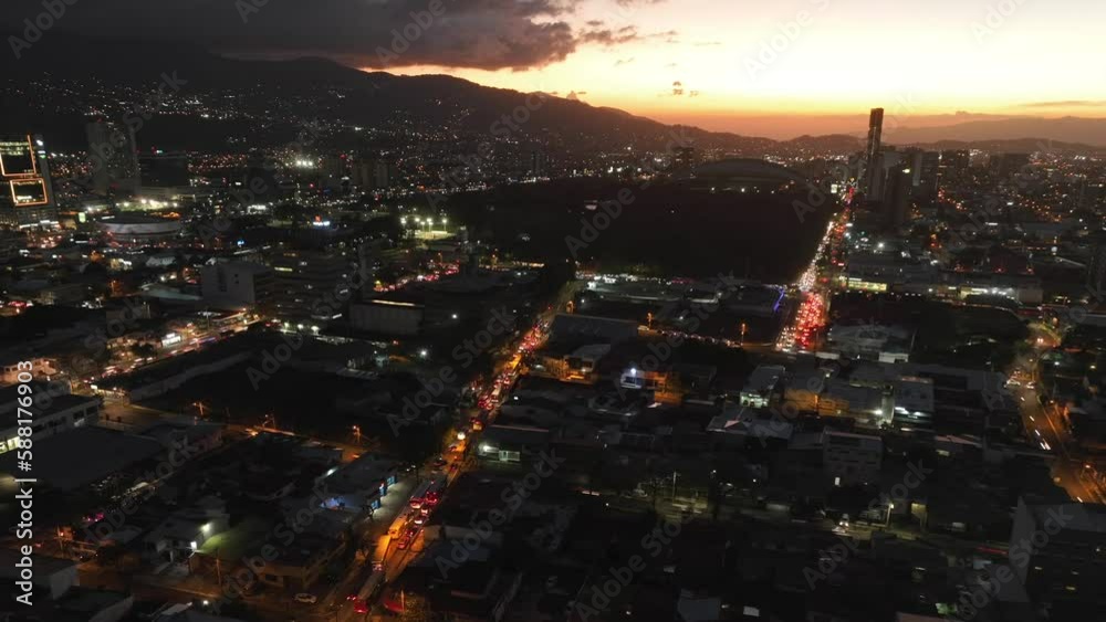 San Jose, Costa Rica aerial hyperlapse. Drone timelapse moving over city dusk to night. San Jose, Costa Rica aerial hyperlapse. Drone timelapse moving over city dusk to night.