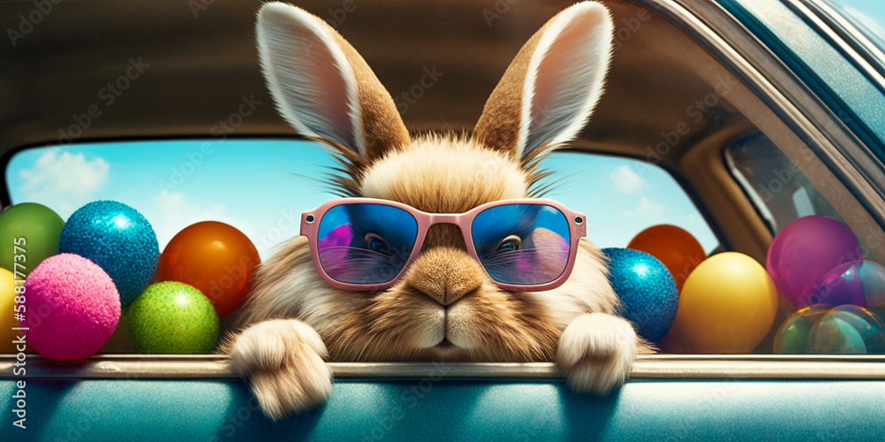 Cute rabbit with sunglasses and colorful Easter eggs in the car, Happy Easter concept