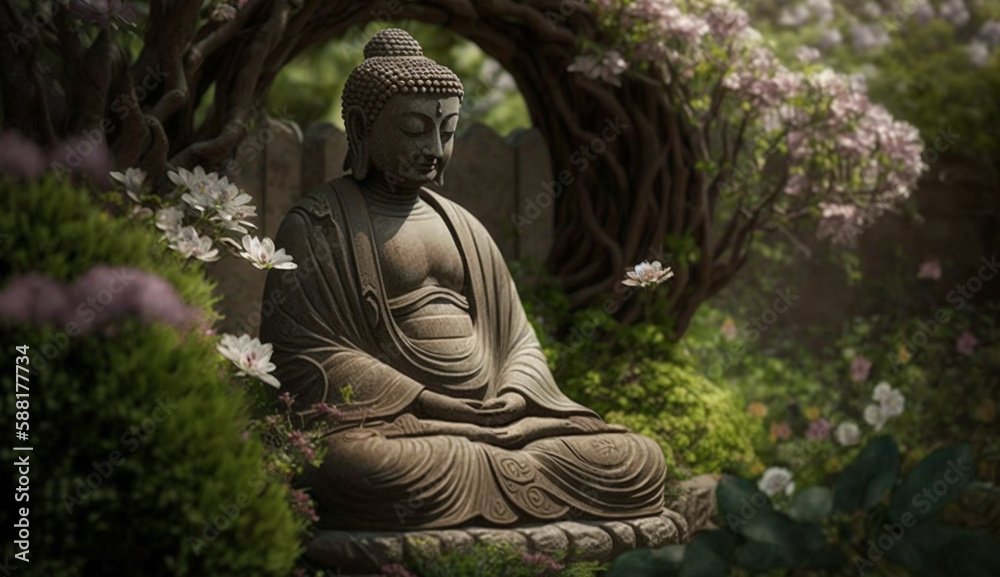 Buddhist statue meditating lotus position surrounded by flowers generated by AI