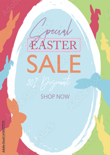 Easter Sale Poster with big egg and colorful small rabbits. Elegant Holiday Discount offer design. Modern minimal template in pastel colors. photo