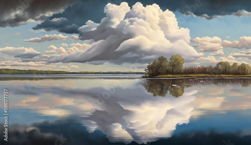 Nature sky reflects on tranquil water landscape generated by AI