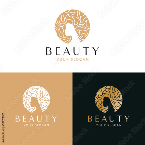 Beautiful hairstyle logo design. Woman with afro hair style logotype. Feminine logo template.