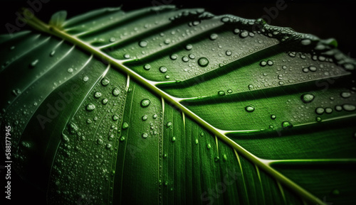 Fresh green leaf with dew drop on vein generated by AI