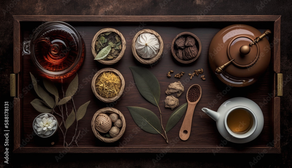 Fototapeta premium Wooden table with fresh herbs hot drink and spices generated by AI