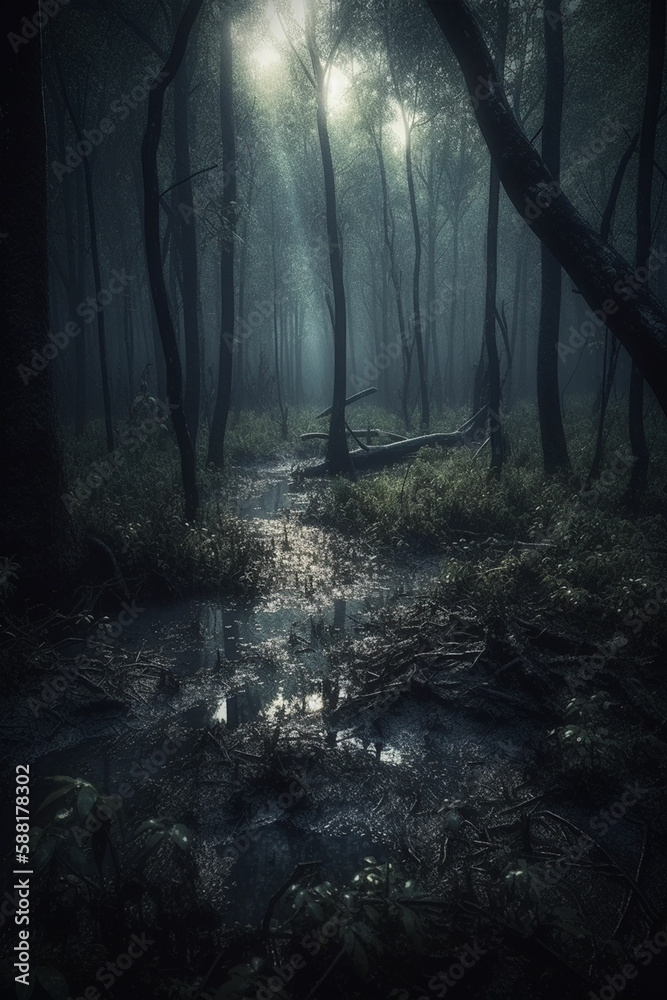 Creepy Woods Background, Book Cover, premade, landscape, created using generative AI