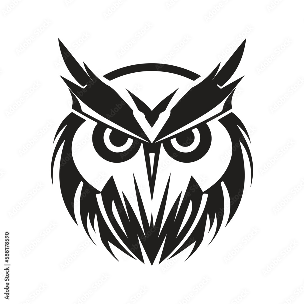 owl, logo concept black and white color, hand drawn illustration