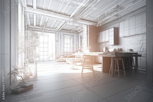 cozy kitchen with wooden table and stools. Generative AI