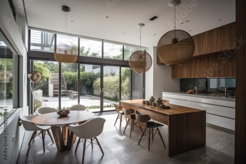 bright and airy kitchen with ample natural light and a cozy dining area. Generative AI