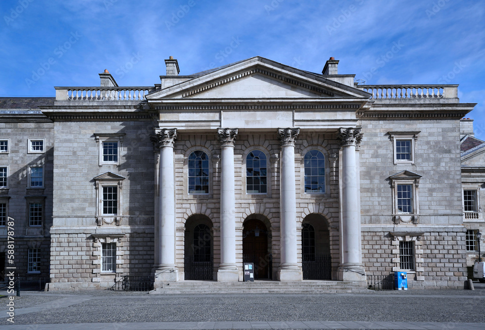 Dublin, Ireland - March 2023:  Trinity College, University of Dublin, classical style chapel building