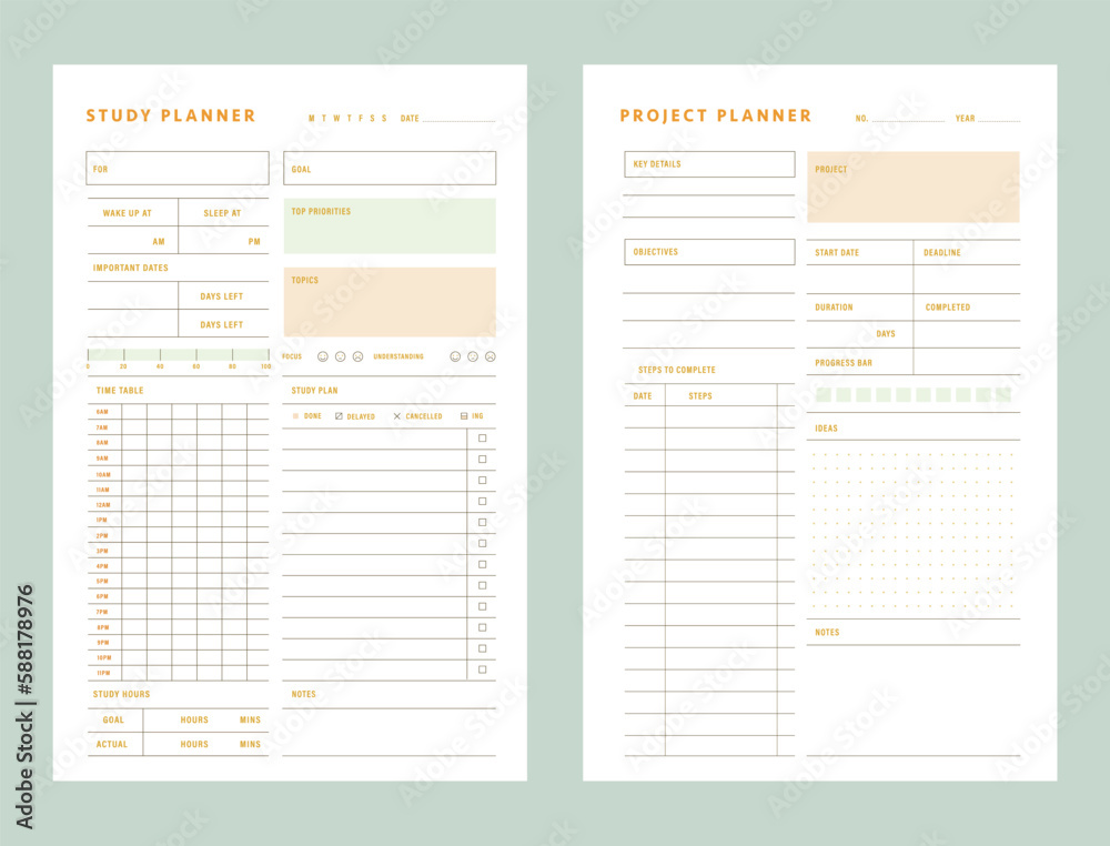 Project Planner and study planner. Minimalist planner template set. Vector illustration. Project Planner and study planner. Minimalist planner template set. Vector illustration.