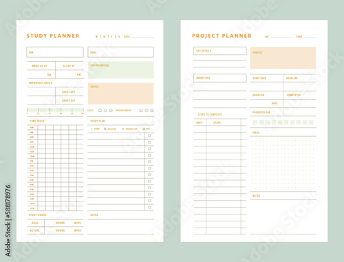 Project Planner and study planner. Minimalist planner template set. Vector illustration.