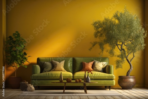 modern living room with a green couch and a potted tree. Generative AI © AkuAku