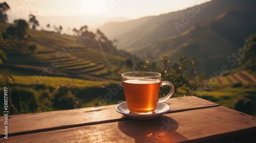 Cup of hot tea on the wooden table and the tea plantations background. Generative AI.