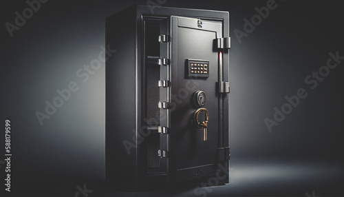 Metal safe box in the closet. Small narrow safe for keeping money or valuables in the hotel. Empty Open safe door