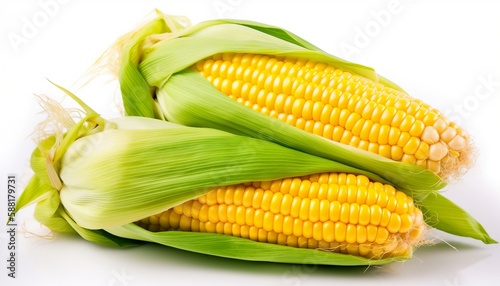 Fresh corn fruits with green leaves isolated on white background. Generative ai