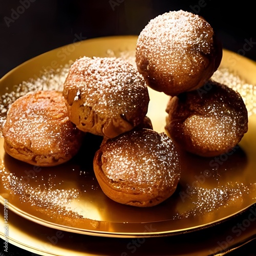 closeup of delicious profiteroles, profiteroles, delicious dessert, profiteroles on a golden platter