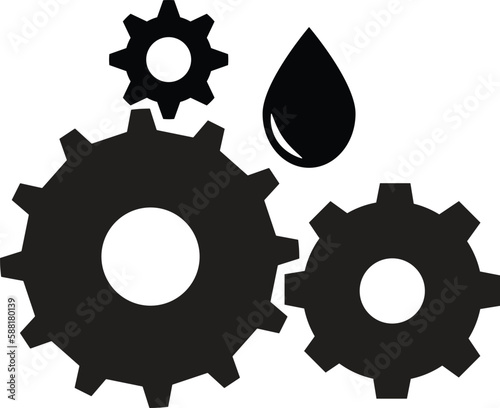 Lubricant oil drop and gear icon on white background. Keep oiled sign. Lubricated gears symbol. flat style.